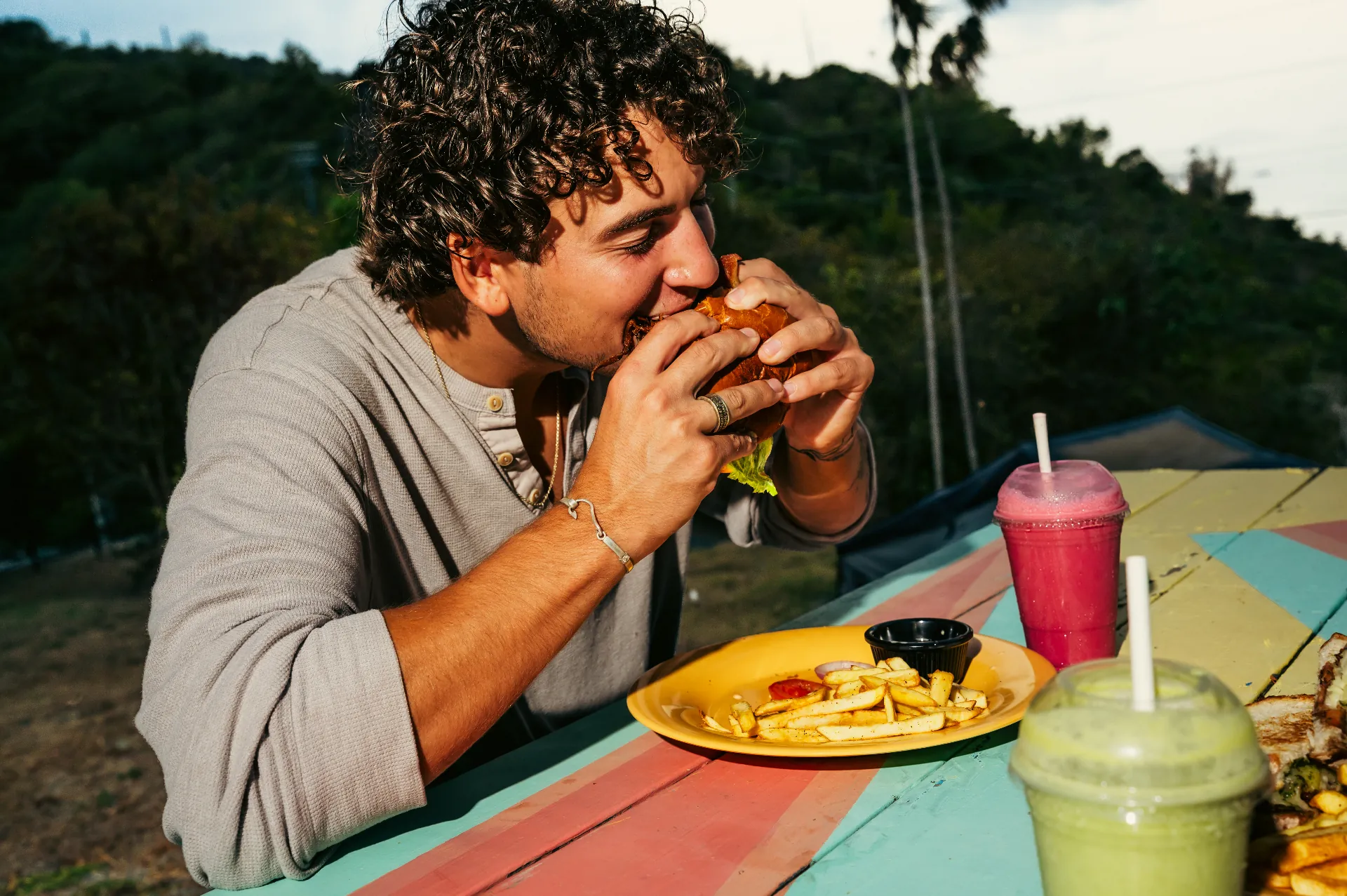 Lunch and smoothies on the Drifters deck above St. John