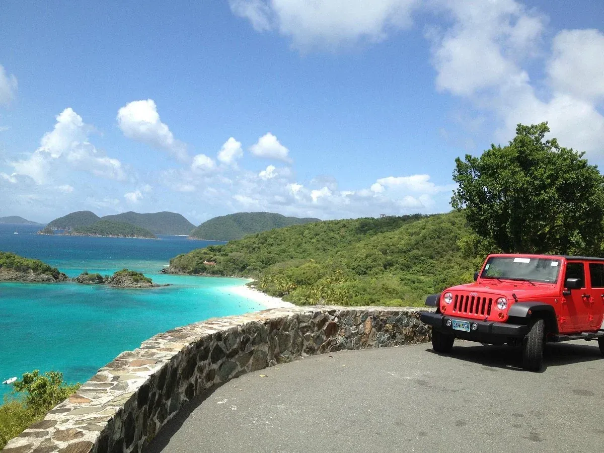 Jeep parked legally above a St. John beach overlook